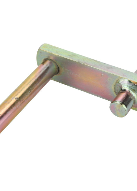 The AGCO | Lever - Fel140463 is a metal L-shaped bracket featuring two cylindrical rods extending perpendicularly from the same side of its flat rectangular base. No current product description is available for this item.