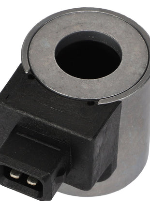 Image of the AGCO Magnet Coil - F260310151020 featuring a cylindrical solenoid design with a circular opening in the center and an electrical connector plug on the side. Please note, no current product description available.