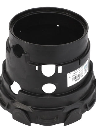 The AGCO Protective Funnel - Fel103099, made from black plastic, features several circular cutouts and raised edges at the base. It includes a label with a barcode. Detailed product descriptions are not available at this time.