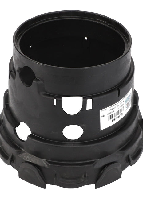 The AGCO Protective Funnel - Fel103099, made from black plastic, features several circular cutouts and raised edges at the base. It includes a label with a barcode. Detailed product descriptions are not available at this time.