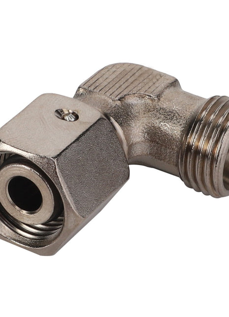 The AGCO Angular Adapter (F926880010210) is a brass elbow fitting featuring male and female threaded ends, specifically designed for connecting pipes at a 90-degree angle.