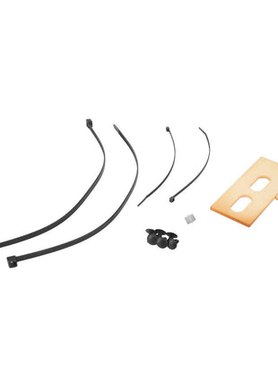 The AGCO | SMALL PARTS KIT - F931502031130, featuring assorted cable ties, clips, and an orange rectangular plastic piece, is neatly arranged on a white background.