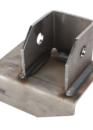 This image depicts the AGCO BRACKET - D28982549, a sturdy metal bracket with two vertical plates welded to a horizontal base, featuring two precisely cut circular holes for secure mounting.