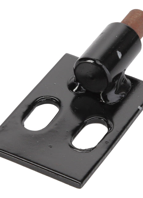 The AGCO BRACKET - D28981494 from the brand AGCO is a black metal hinge plate with two oval holes and a cylindrical hinge pin, shown on a white background. No current product description available.