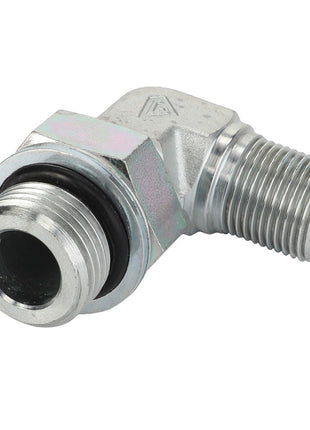 Here is a close-up of the AGCO Adapter - Acp0295900, a metallic elbow pipe fitting equipped with a threaded male end and a hexagonal nut, designed for connecting pipes at a 90-degree angle. No current product description available.