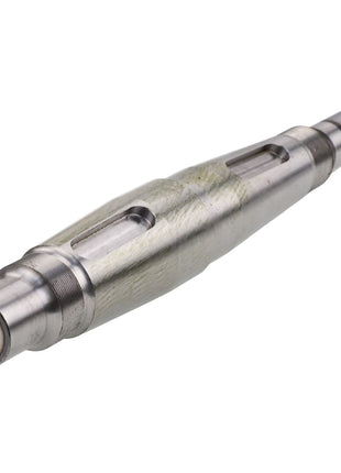 The AGCO Pto Shaft - 6209771M2 by AGCO is a metallic, cylindrical machine part with a gracefully tapered middle section and intricately grooved details along its sleek body.