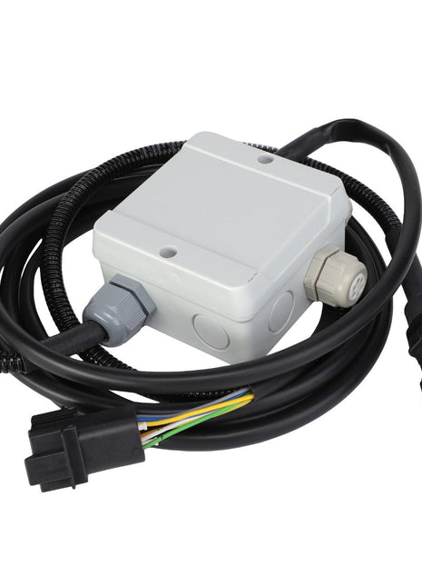 A coiled AGCO electrical cable harness (ACP0307790) with connectors, attached to a grey junction box featuring multiple ports. Product description currently unavailable.