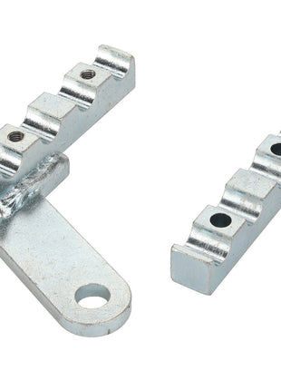 The AGCO Clamp - Acp0335540 consists of two silver metal brackets featuring multiple ridges and holes designed for mounting or fastening. One of the brackets includes a large circular hole at its base. No current product description is available for these specific brackets from the AGCO brand.