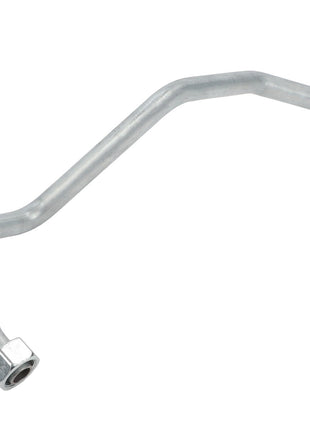 An AGCO metal pipe, model Acp0666830, featuring an angled design and threaded hex fittings on both ends, isolated against a pristine white background.