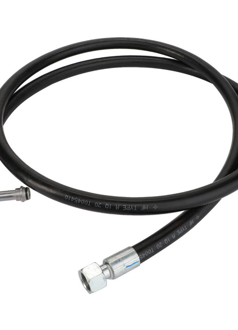 Product: AGCO | WARNING DECAL - ACP0544060, a coiled black hydraulic hose equipped with metal connectors at both ends: one featuring a right-angle fitting and the other with a straight fitting.
