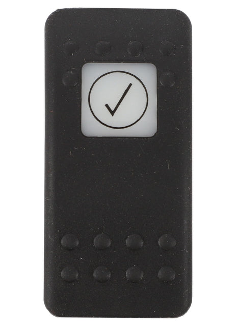 A sleek black rectangular button, AGCO SWITCH - D44900891, featuring a raised checkmark symbol situated inside a square on its smooth surface.