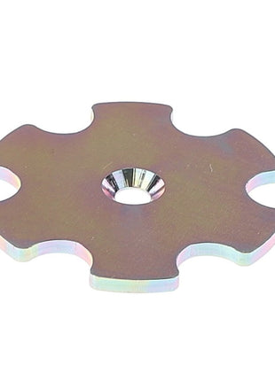 The AGCO Wheel Plate - Acx0090460 is a metallic, six-pronged sprocket with a central hole and a faint rainbow sheen.