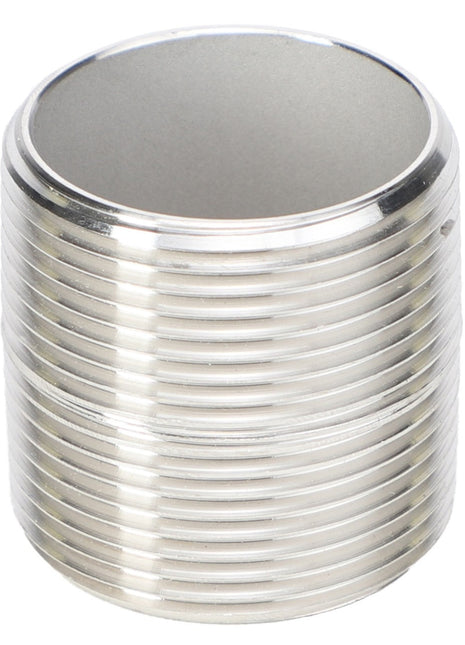 The AGCO | CLOSE NIPPLE - AG710514 is a shiny, cylindrical metal coupling featuring threaded ridges on the exterior.