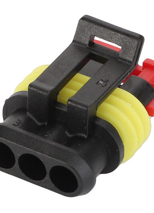 The AGCO Electrical Connector - D44900806 is a three-pin connector with a yellow gasket and black plastic housing, featuring a secure locking mechanism. Detailed product description information is currently unavailable.