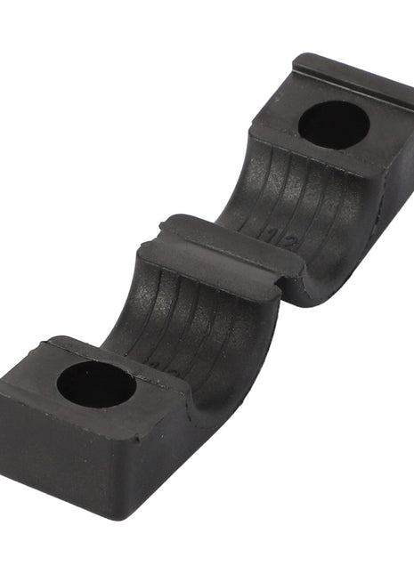 Introducing the AGCO Clamp - Acp0670150, a black rubber pipe clamp with two holes designed to securely hold pipes in place. Brought to you by the trusted brand AGCO.