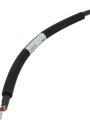 The AGCO | CABLE - ACP0534400 is a durable, coiled black wire featuring metal connectors on both ends and exposed copper in one connector, making it ideal for various electrical or mechanical applications.