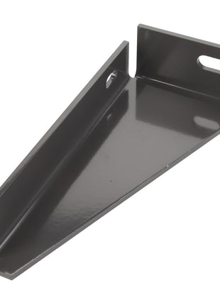 The AGCO | BRACKET, RIGHT HAND - D28186324 is a metal shelf bracket with a triangular shape. It features two mounting holes on the vertical sides and an additional oval hole on the top for easy installation. The bracket is painted in gray to ensure durability and a sleek appearance.