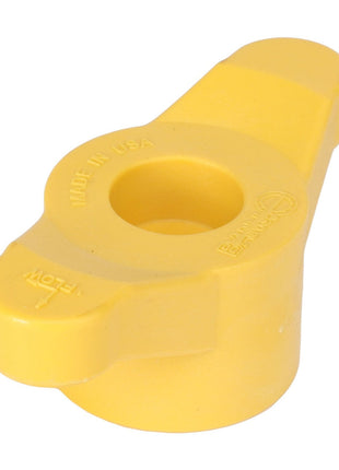 A yellow plastic valve handle labeled "AGCO" and "Made in USA," ergonomically designed for fluid control systems, ensuring precision and ease of use.