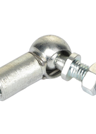 Close-up of the AGCO | JOINT - 1120948 with an attached threaded bolt and hex nut, meticulously designed for mechanical linkage applications. The ball joint permits rotational and pivot movements seamlessly.