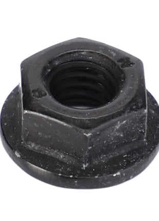 A close-up image of the AGCO Hex Flange Nut (Acw0863270) in black metal, featuring an integrated washer.