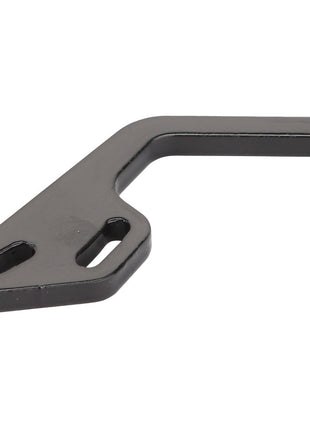 The AGCO Lever - Acw2280410 by AGCO is a black, L-shaped metal bracket featuring two elongated holes on the flat side, designed for versatile mounting options.