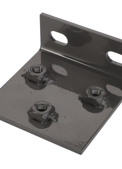 The AGCO Angle Bracket - D28480114, a grey metal L-bracket from AGCO, features three welded nuts securely attached and two elongated mounting holes at the top. No current product description information available.