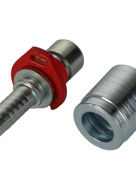 Two metallic hose fittings: one featuring a red plastic connector and ribbed end, and the other a threaded coupler. These original AGCO Loader Hose Fittings (Product Name: AL4500382) from AGCO are essential for maintaining your front loader's efficiency.