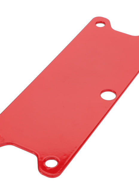 AGCO's ADJUSTING SHIM - ACY1120460: A precision-crafted red rectangular metal plate with five holes—one in the center and four near the corners.