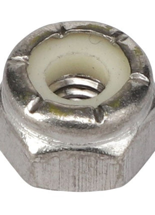 The AGCO | HEX NUT - AG563176 is a metal hex nut featuring a white nylon insert; additional product description information is currently unavailable.