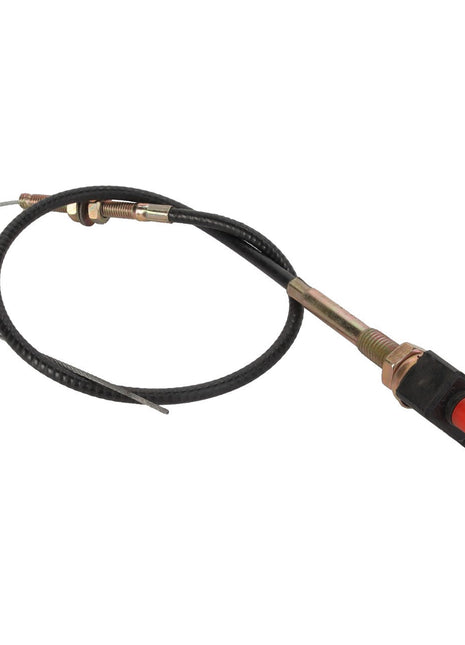 A metal push-pull control cable named AGCO | CABLE - ACY1134150, with a red knob at one end, encased in a black protective sleeve, and a metal connector on the other end. No information available about its origin or manufacturer.