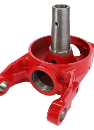 A metal automotive knuckle with a red-painted finish, featuring two mounting holes and a central spindle, known as the AGCO Rotor Head Fel15175101.