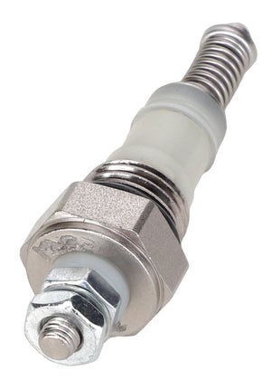 AGCO | INDICATOR - AG717357 spark plug featuring a silver finish, hexagonal base, white ceramic insulator, and threaded end.