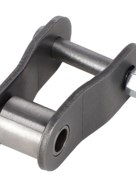 The AGCO Adjustment Link Front Elevator Feeder - Acw1810290 is a metal shackle featuring a cylindrical roller and pin, secured by a nut on one end, designed specifically for high fatigue strength.