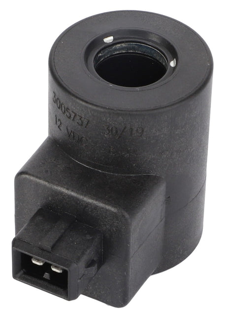 A black cylindrical electromagnetic solenoid valve coil from AGCO, featuring a central hole and a connector plug. Printed markings include "3005737," "12 VDC," and "30/19." This is the AGCO Solenoid - Acp0363550. No Current Product Description Available.