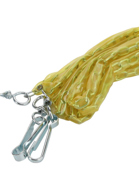The AGCO Cable - Acp0322010, a yellow, coiled plastic chain, features durable metallic hooks and sturdy clips attached at one end.