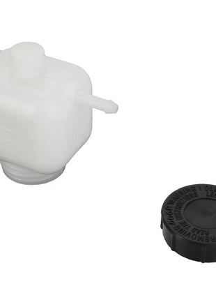 A white plastic AGCO container with a spout and a detached black cap, featuring text, specifically identified as AGCO Tank - Acw1677280.