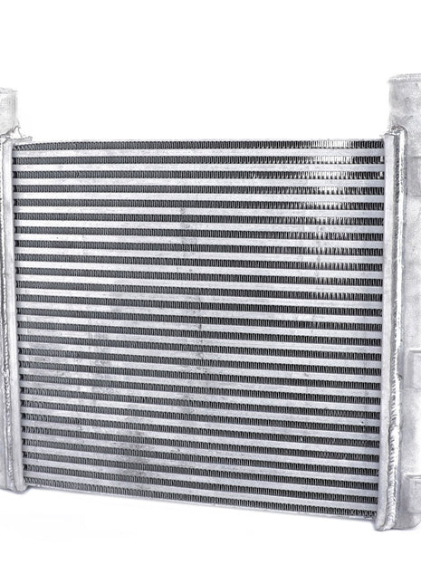 An AGCO Intercooler, Air To Air Type - Acw1081470, featuring a metallic grid-like pattern and multiple connection points to enhance engine efficiency, placed on a white background.