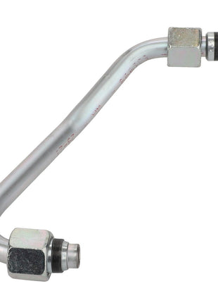 The AGCO | Pipe - Acx2834250 is a metal pipe with a slight bend and nuts at both ends, designed for seamless fluid transfer or connection in machinery systems.