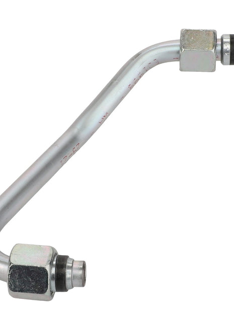 The AGCO | Pipe - Acx2834250 is a metal pipe with a slight bend and nuts at both ends, designed for seamless fluid transfer or connection in machinery systems.