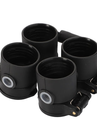 No current product description available for the AGCO Cap - Acp0671400, a set of four black PVC pipe fittings featuring threaded ends and clamp mechanisms.