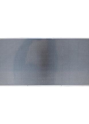 The AGCO WATER COOLER - D28775002 by AGCO is a rectangular aluminum car radiator featuring a unique hexa-grid pattern and two black inlet/outlet pipes on the right side.