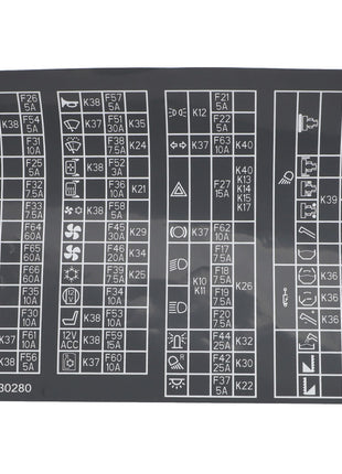 Image of the AGCO | Decal - Acw0530280 depicting various symbols, precise fuse locations, and detailed descriptions of electrical components.