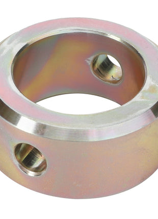 The AGCO Adjusting Ring - Fel150451, branded as AGCO, features a metal pipe collar design with two threaded holes and a central circular opening, exhibiting a slightly iridescent finish. Currently, there is no detailed product description available.