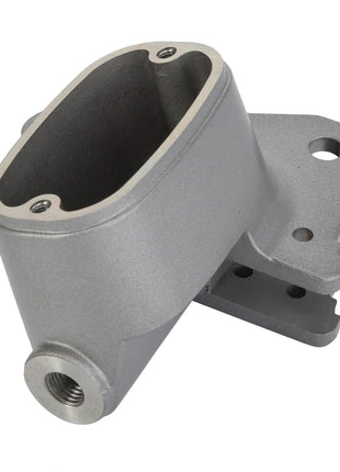 The AGCO BRAKE CYLINDER - ATV0502-633, produced by AGCO, is a metallic mechanical part with a hollow, rectangular section. It features a threaded hole on one side and two mounting holes on a bracket. No current product description information is available.