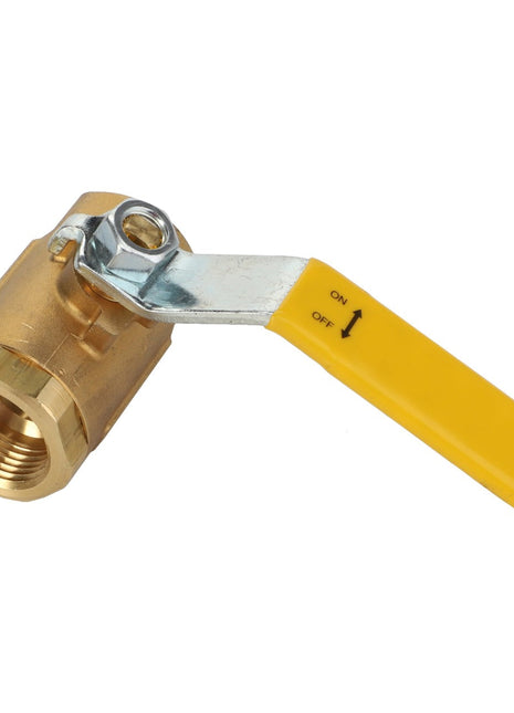 A brass AGCO ball valve, model Acw0719010, featuring a yellow handle and clearly marked "ON" and "OFF" directions, is currently in the open position. No current product description information is available at this time.