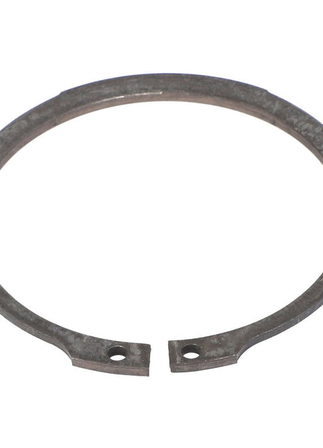 The AGCO | EXTERNAL RETAINING RING - AG522357 by AGCO is a durable metal circlip with two small holes near the open ends, designed for securely fastening parts onto a shaft or housing in various machinery applications.