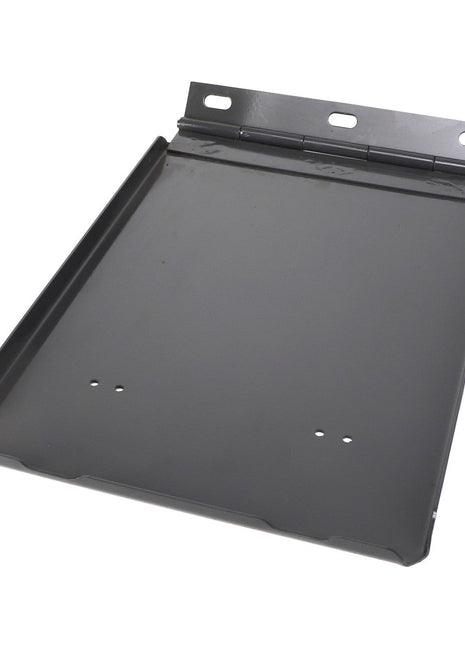 The AGCO Door - Acx009947A is a metal tray with raised edges, equipped with a hinged backplate that includes two small surface holes and mounting points.