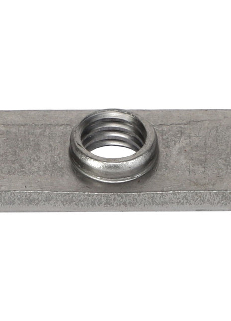 The AGCO Weld Nut, model AG607376, is a silver rectangular T-nut featuring a centrally threaded hole designed for versatile fastening applications.
