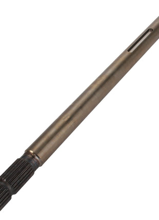 AGCO's SHAFT - D28274027 is a metal rod featuring splines on one end and a smooth finish on the other, with a rectangular slot located near the spline end. Additional product description information is currently unavailable.