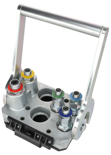 The AGCO | Multicoupling - Acw062250A by AGCO is a metallic hydraulic manifold featuring five color-coded ports and an ergonomic handle, specifically designed for precise control of fluid flow within a hydraulic system.